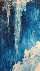 A frozen waterfall in pop art, contrasting blues and whites, textured ice formations