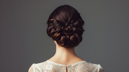 Back view of a woman with an intricate braided hairstyle and elegant lace dress. - Powered by Adobe