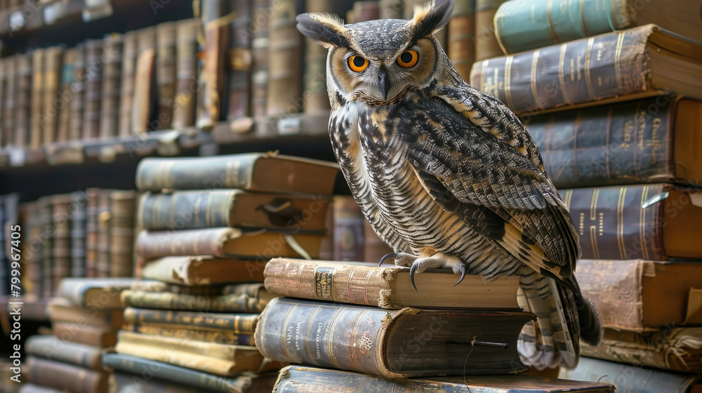 Poster an owl sits on top of a neat pile of books, looking around with its large eyes. the books provide a 