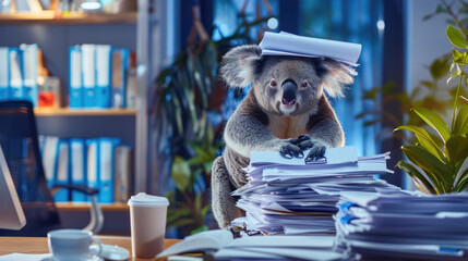 A koala perched atop a stack of papers, looking curiously at the surroundings
