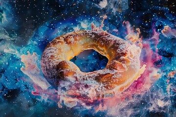 A galaxy reimagined as pop art food (pizza, donut, etc), with its features resembling toppings