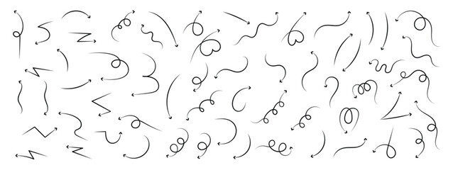 Set of black hand drawn arrow element vector. Collection of scribble doodle arrows, lines, symbol, pointing mark, shapes on white background. Simple icon illustration for education, decoration, map.