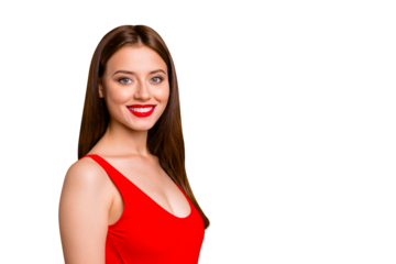 Close up portrait of  charming brunette girl standing against vivid yellow background with copy space for text and looking at the camera