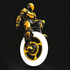  A modern realistic icon, with a soldier in yellow and black sci-fi armor standing on an single wheel armored vehicle in the air on black background