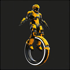  A modern realistic icon, with a soldier in yellow and black sci-fi armor standing on an single wheel armored vehicle in the air on black background