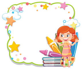 Colorful illustration of a happy girl with books.