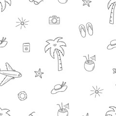 Seamless pattern beach holiday concept. Vector illustration of palm tree airplane cocktail hat, background wallpaper summer trip. - 799968082