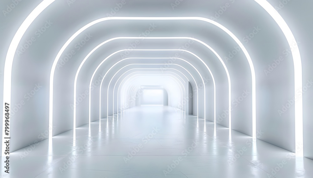 Poster abstract white background with glowing neon light tunnel and empty space for product presentation