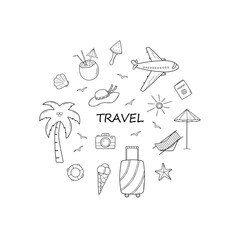 Set of summer travel doodle style icons. Vector illustration of the elements of tourism and beach holidays.