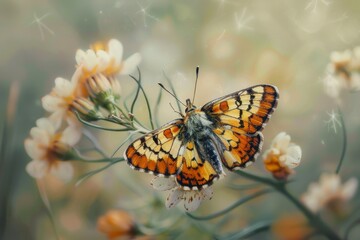 Hyperrealistic close-up of a butterfly perched on a wildflower, emphasizing its delicate wings and markings