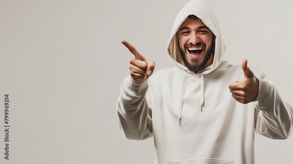 Wall mural Joyful bearded man in a white hoodie pointing and giving thumbs up against a light background. - Wall murals