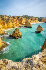 Vertical photography of spectacular cliffs near Marinha beach and Benagil, Algarve, Portugal