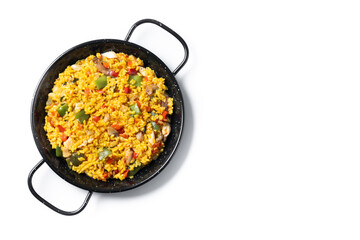 Yellow rice with chicken and vegetables isolated on white background. Top view. Copy space