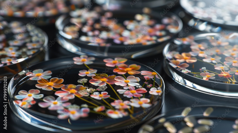 Poster several plates decorated with floral patterns are displayed in a close-up shot