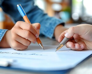 Teacher's hand guiding a special education student in writing, close-up on the pen and paper, tailored education
