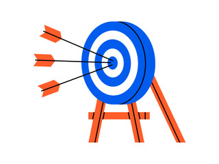 Hand drawn cute illustration of arrows hit center of target. Flat vector hit the bull's eye in doodle style. Successful business strategy icon. Goal achievement. Find problem solution. Isolated.