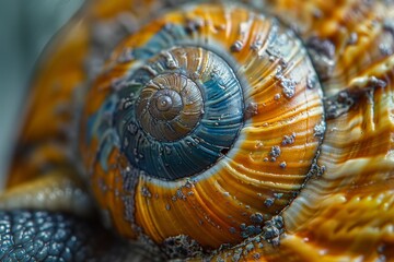 Extreme close-up of a snail's shell, high-magnification with intricate textures