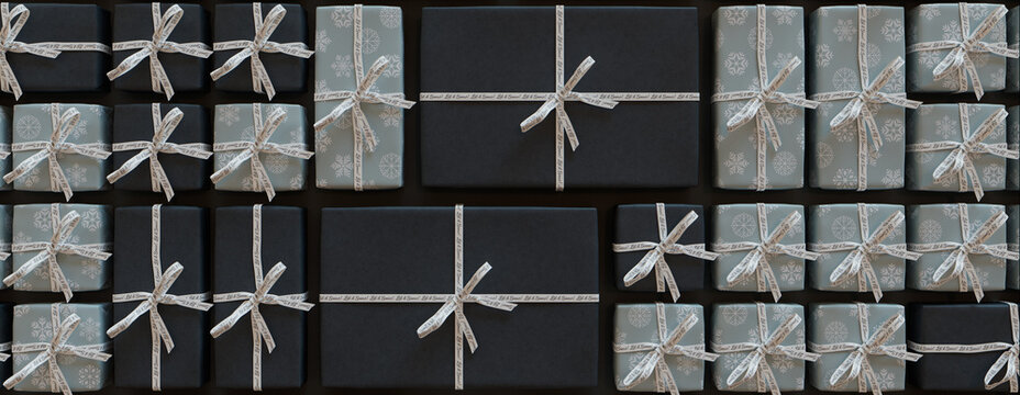 Festive Background with Christmas Presents Neatly arranged in a Grid. Elegant Duck Egg Blue and Black banner.