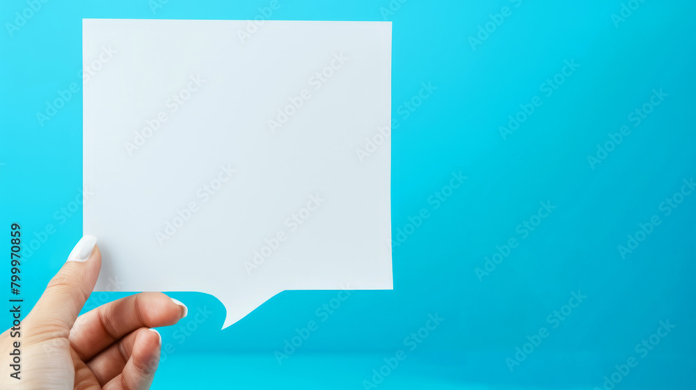 Poster notification concept with a blank white speech bubble on a turquoise background for message display