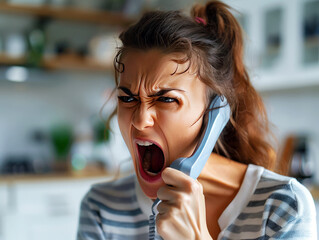 Angry woman arguing on the phone expressing frustration and stress