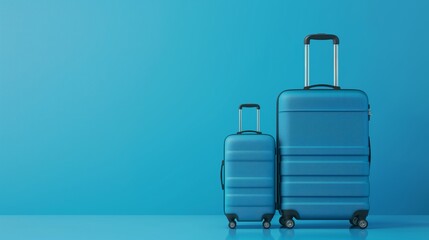 Obraz premium Two blue suitcases of different sizes against a matching blue background, ready for travel.