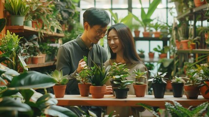 Young Asian couple sharing a joyful moment in a lush indoor plant shop, surrounded by potted plants.