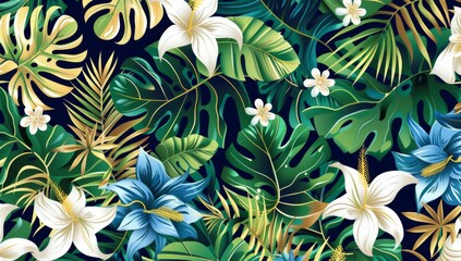abstract botanical pattern with leaves in teal, beige and brown colors