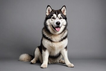 Fototapeta premium sit Alaskan Malamute dog with open mouth looking at camera, copy space. Studio shot.