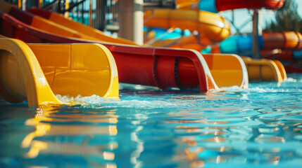 Colorful empty water slides at a water park indicating fun and leisure activities