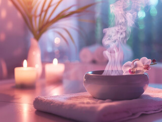 Spa wellness setup with facial steam treatment, lit candles, and an orchid on a serene evening