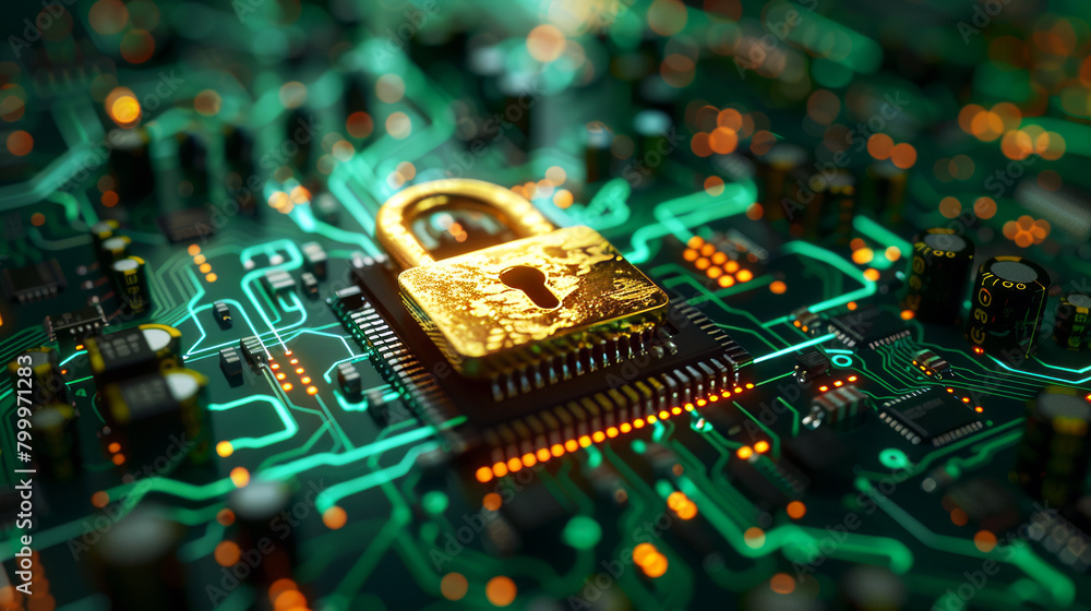Poster golden padlock floating above a microchip, conceptually representing cybersecurity and protection