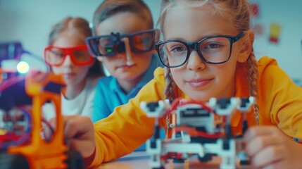 Three kids with safety glasses engage in robotics, focusing on a model at a STEM workshop.