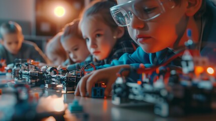 Focused children with safety goggles engage in robotics building activity in a science class.