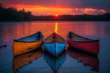 Canoes resting peacefully by the tranquil waters of a serene lake, reflecting the vibrant colors of the sunset.