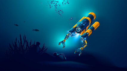 Robot underwater exploration seabed. Autonomous underwater drone with camera, robotic arms research ancient ruins, ancient amphora at bottom of ocean. Underwater oceanographer drone treasure hunter.