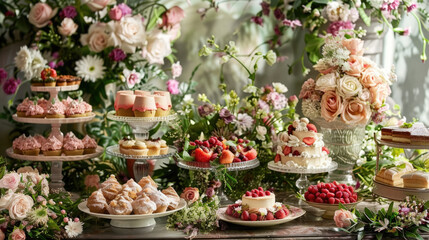 A variety of cakes and desserts displayed on a table, showcasing a delicious spread of sweet treats