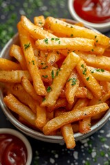 Tasty french fries and ketchup, delicious food.