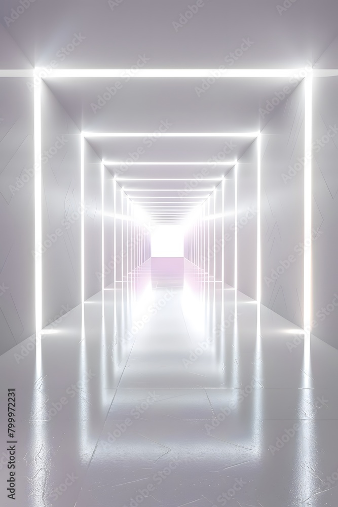 Poster abstract white background with glowing neon light tunnel and empty space for product presentation