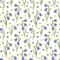 Bellflower seamless pattern. Hand drawn elegant bluebell flowers on off white background. Campanula repeated design. Floral motif with delicate wildflowers for fabrics, wrapping, decoration