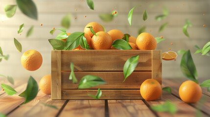 Minimal stylized cartoon brown wooden box with fresh ripe oranges, green leaves floating in air. Autumn harvest at the farm. Healthy fruit snacks for nutrition, vitamins. 3d render isolated