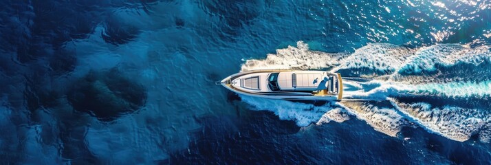 Ocean With Boat. Luxury Yacht cruising in Aegean Sea with Copy Space