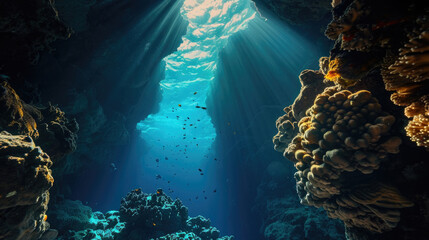 Sunlight filters through the clear blue water, illuminating the colorful coral reef below