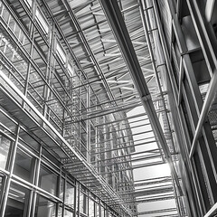 A view of the inside of a modern office building. Black and white.