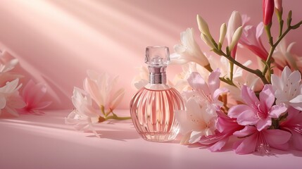 A bottle of perfume and a sprig of tuberose in the sun's rays on a pink background.