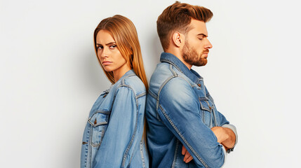 Displeased young couple in denim jackets standing back to back with arms crossed in disagreement - obrazy, fototapety, plakaty