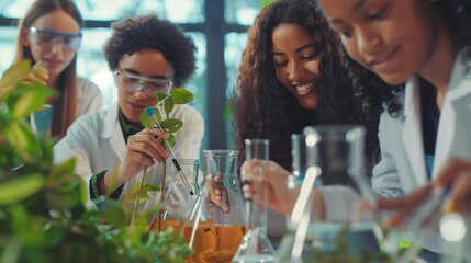 Diverse group of female students conducting botanical research in a laboratory with various...