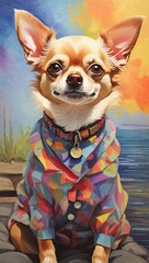 Painting of a Chihuahua dog sitting wearing a collar and a vibrant multi-colored coat a shoreline scene in the background