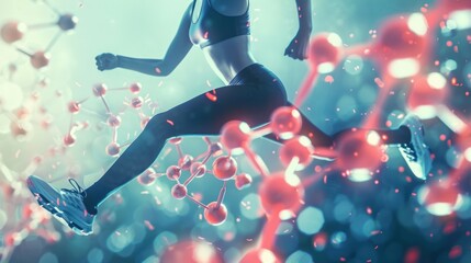 Sporty young woman running and jumping on molecule chain. Sports and Exercise science concept.