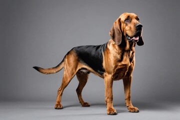 sit Bloodhound dog with open mouth looking at camera, copy space. Studio shot.