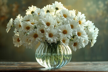 A crystal-clear glass vase filled with pristine white daisies, capturing the purity of a dew-kissed morning.